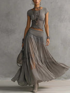 Africa Conjunto de Top Gris de Encaje Transparente y Falda Maxi Plisada