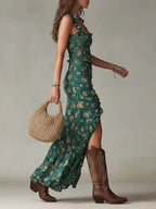 Victoria Vestido Maxi Bohemio Verde Estampado con Mangas de Volantes