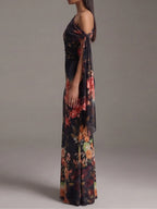 Lorena Vestido Maxi Plisado de Chiffon Estampado Negro de Un Solo Hombro