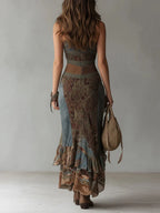 Noa Vestido Maxi Estampado de Estilo Étnico con Hombro Descubierto y Abertura Lateral