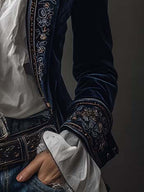 Chaqueta Larga de Mujer Vintage Azul Marino Bordada