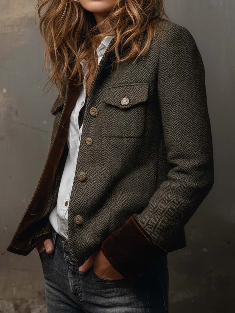 Blazer Vintage de Espiga con Bordes en Contraste