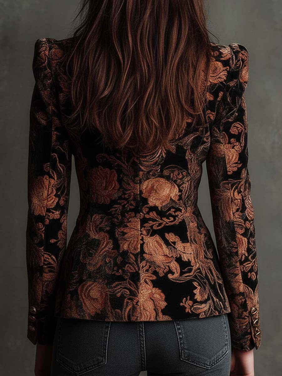 Blazer de Mujer con Estampado Floral Negro y Bronce