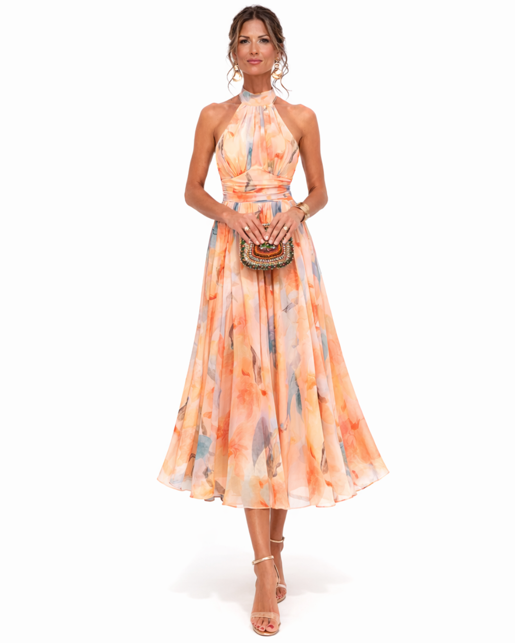 Vestido con escote halter y estampado de acuarela