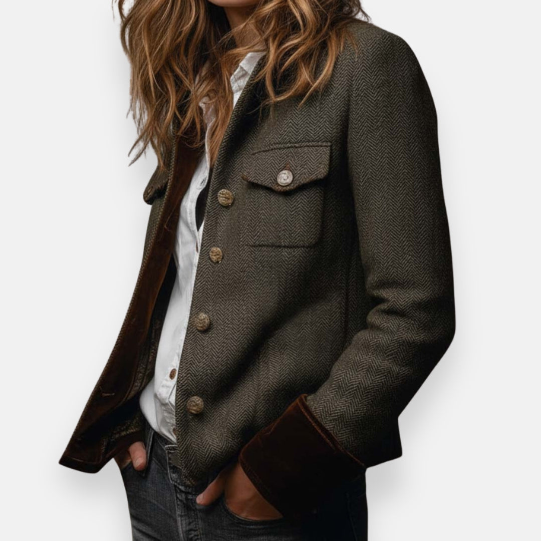 Chaqueta tweed mujer elegante – chaqueta vintage con detalles en terciopelo