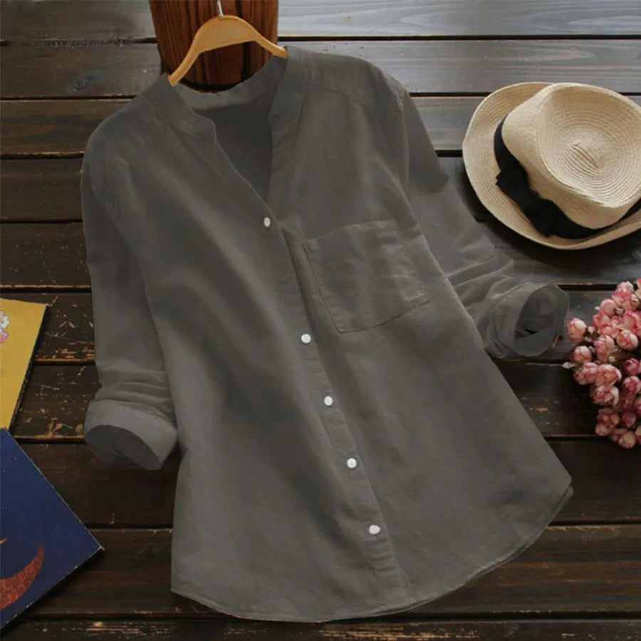 Flor | Camisa con manga larga y bolsillo con cuello sin solapa
