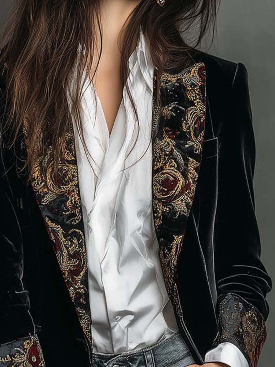 Blazer Slim Fit Negro con Revers y Estampado Barroco
