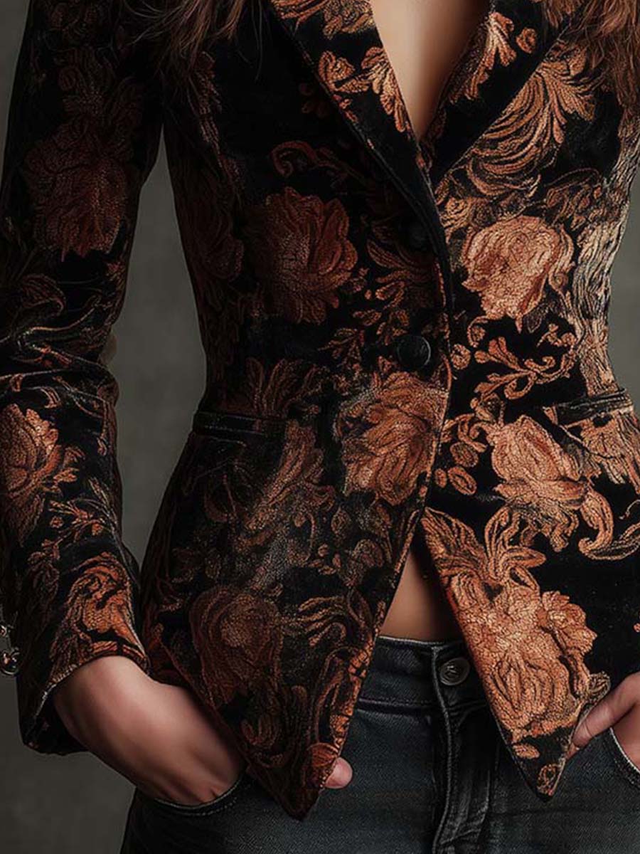 Blazer de Mujer con Estampado Floral Negro y Bronce