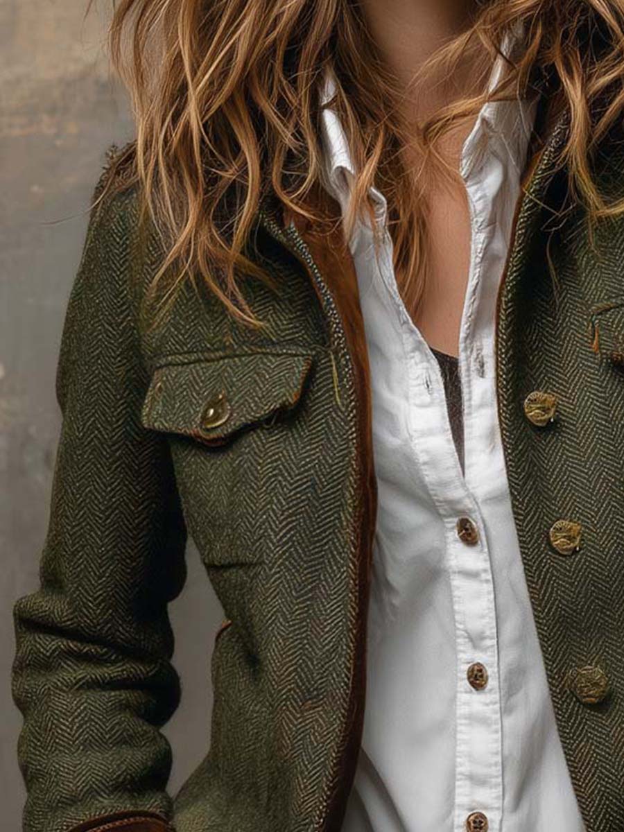 Blazer Vintage de Espiga con Bordes en Contraste