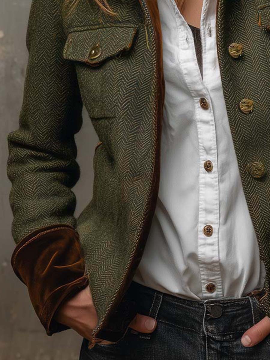 Blazer Vintage de Espiga con Bordes en Contraste