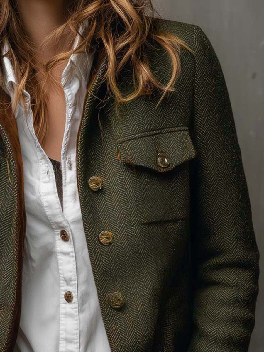 Blazer Vintage de Espiga con Bordes en Contraste