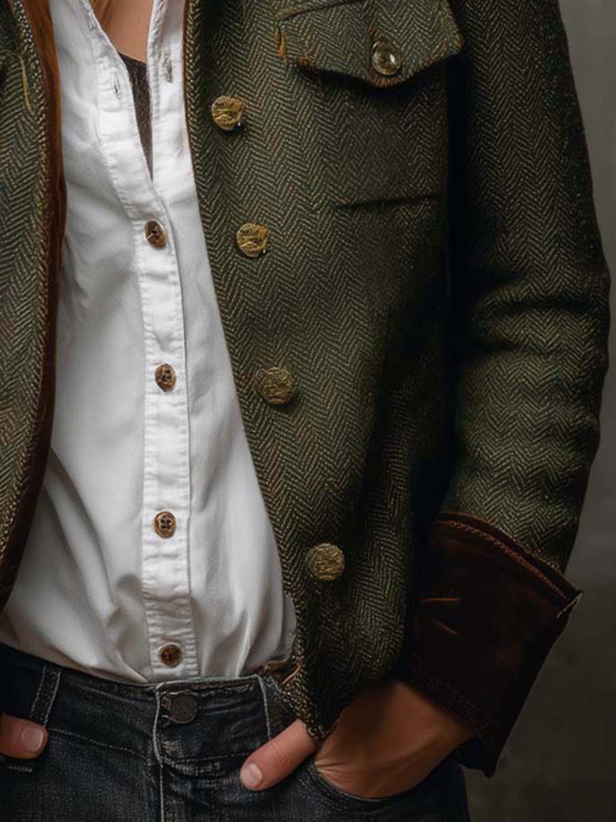 Blazer Vintage de Espiga con Bordes en Contraste