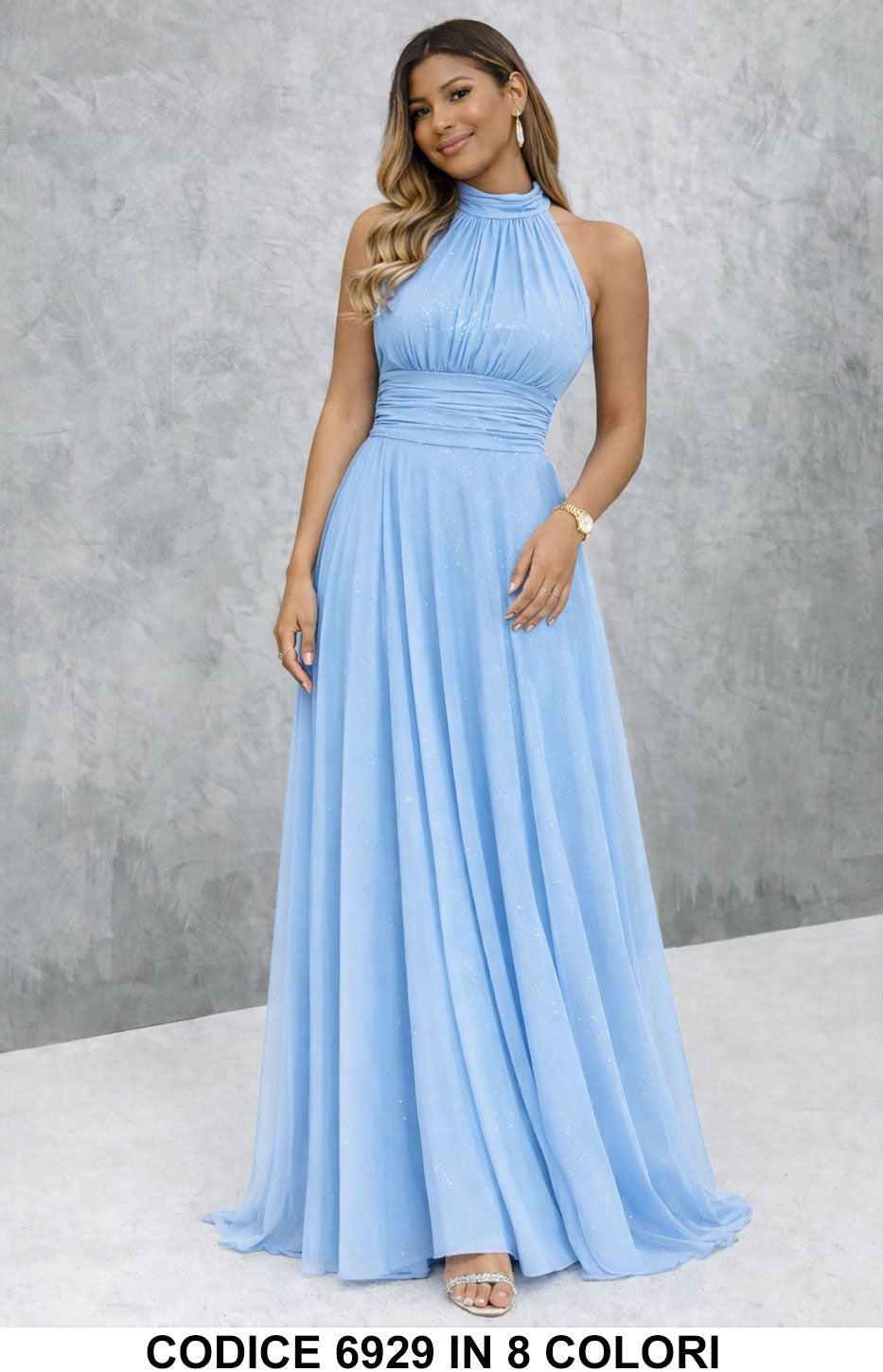 Vestido largo elegante con lentejuelas y escote americano
