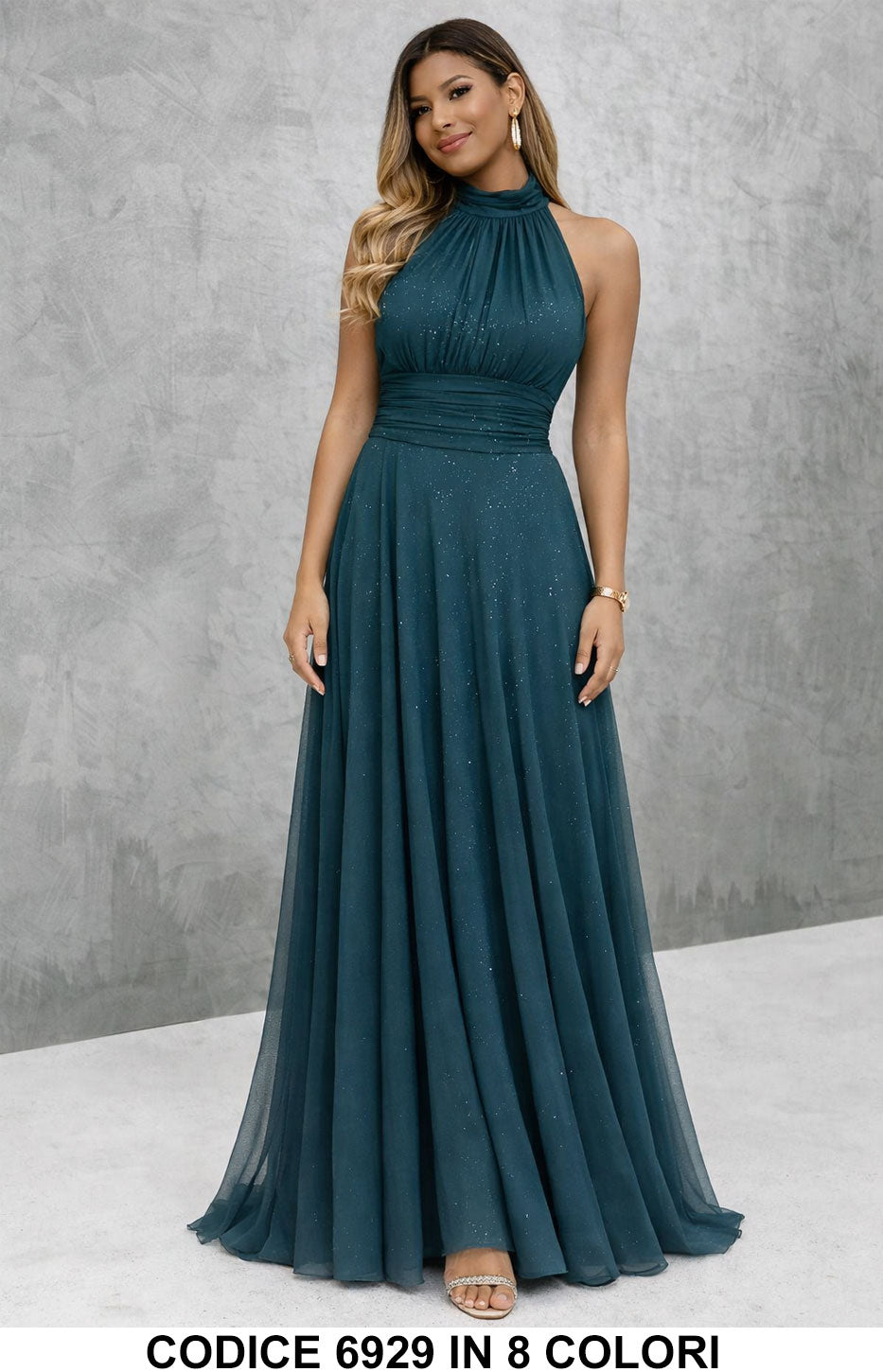 Vestido largo elegante con lentejuelas y escote americano