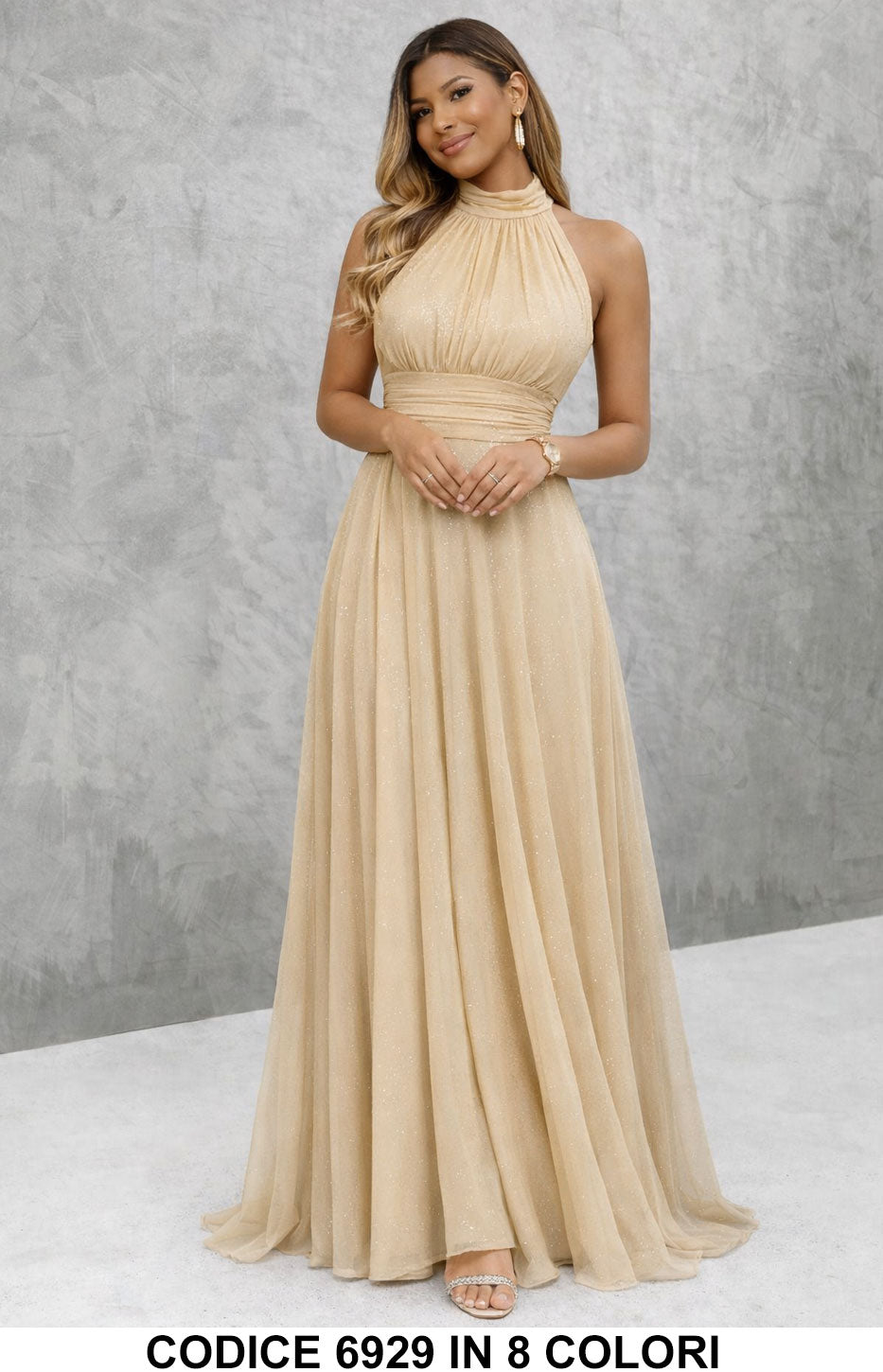 Vestido largo elegante con lentejuelas y escote americano