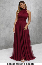 Vestido largo elegante con lentejuelas y escote americano