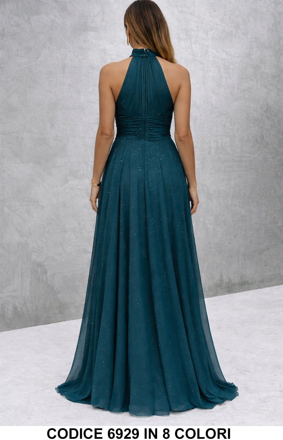 Vestido largo elegante con lentejuelas y escote americano