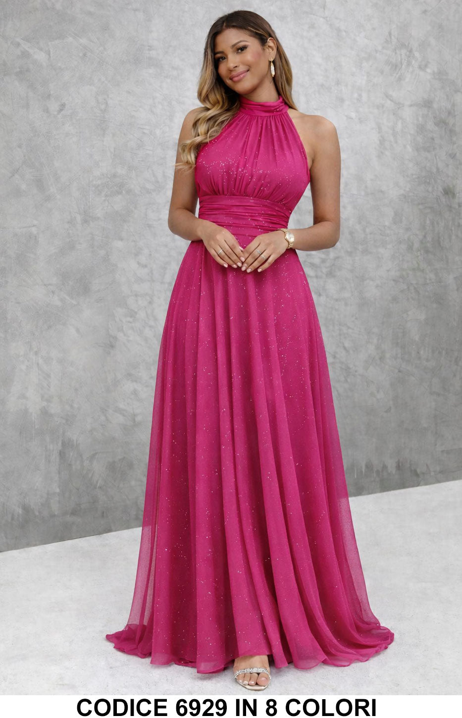 Vestido largo elegante con lentejuelas y escote americano