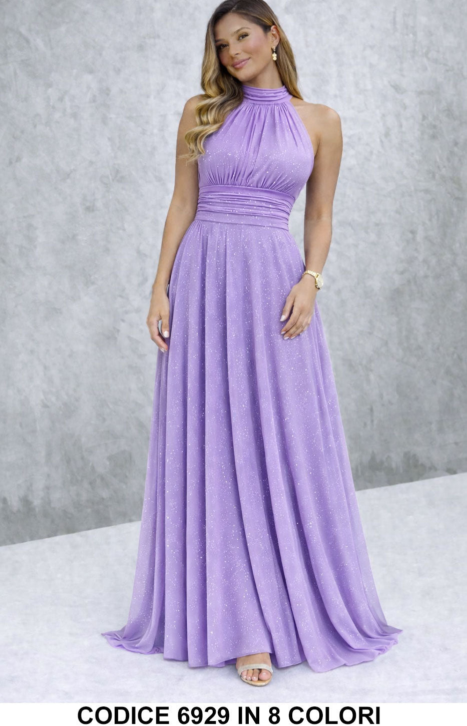 Vestido largo elegante con lentejuelas y escote americano