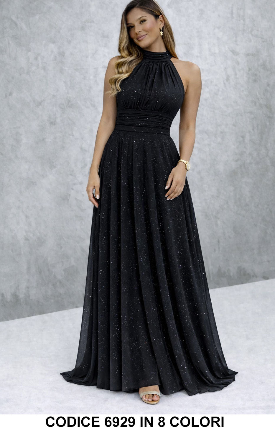 Vestido largo elegante con lentejuelas y escote americano