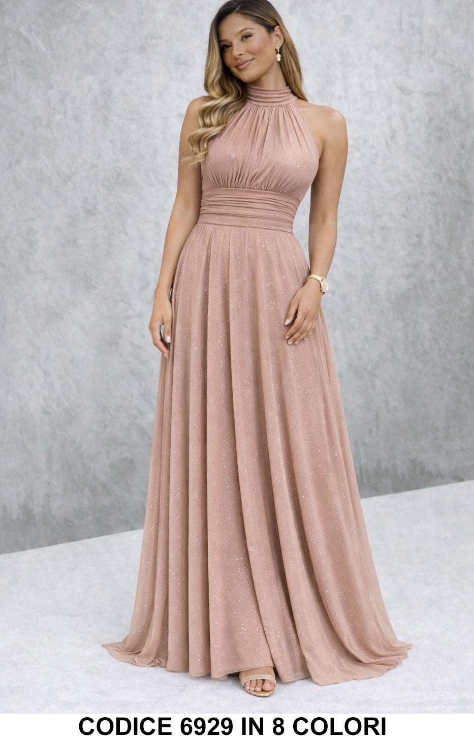 Vestido largo elegante con lentejuelas y escote americano
