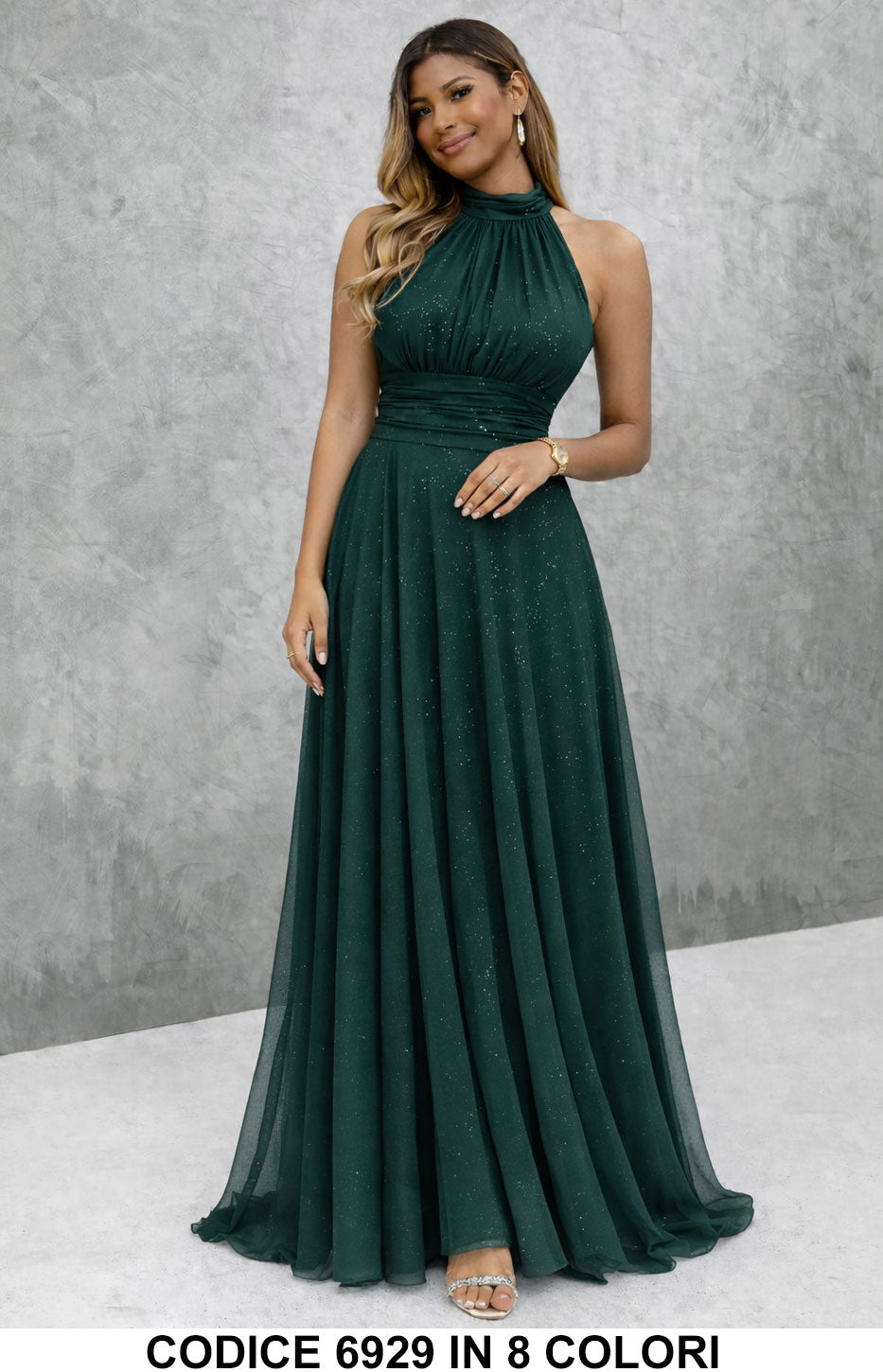 Vestido largo elegante con lentejuelas y escote americano