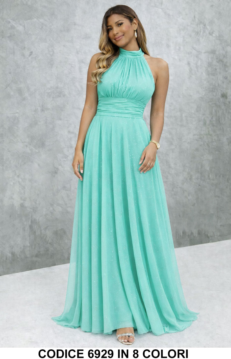 Vestido largo elegante con lentejuelas y escote americano