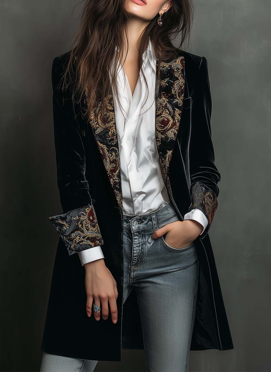 Blazer Slim Fit Negro con Revers y Estampado Barroco
