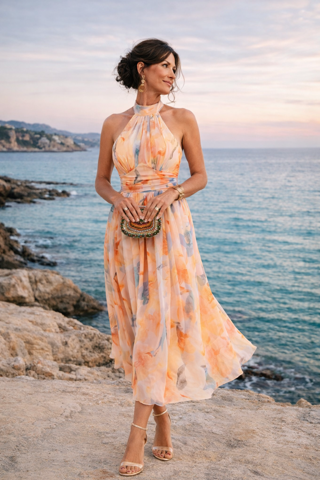 Vestido con escote halter y estampado de acuarela