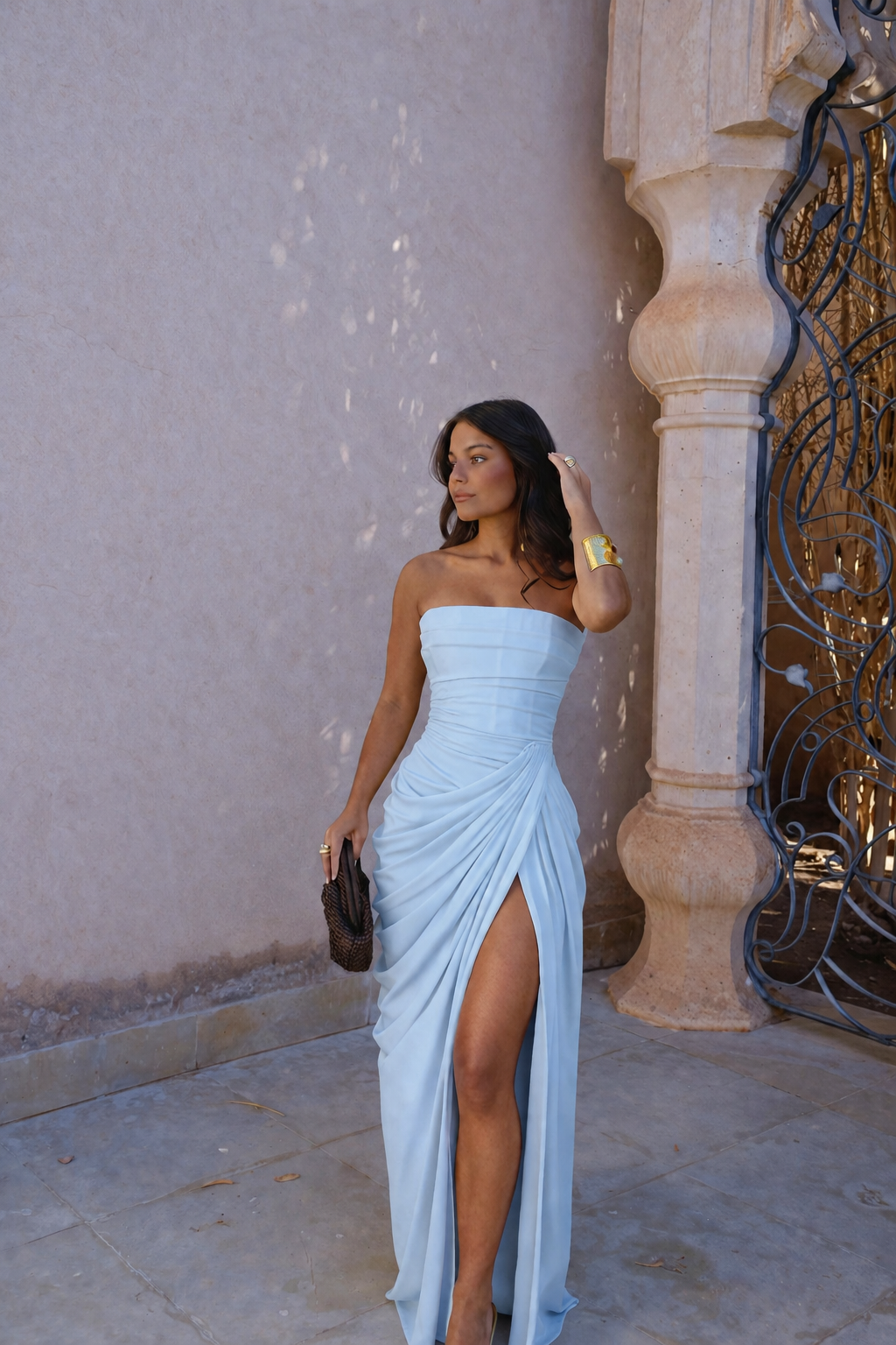 Vestido Largo Drapeado con Abertura