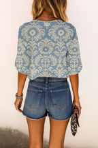 María | Mujer blusa bohemia con estampado floral y manga corta suelta