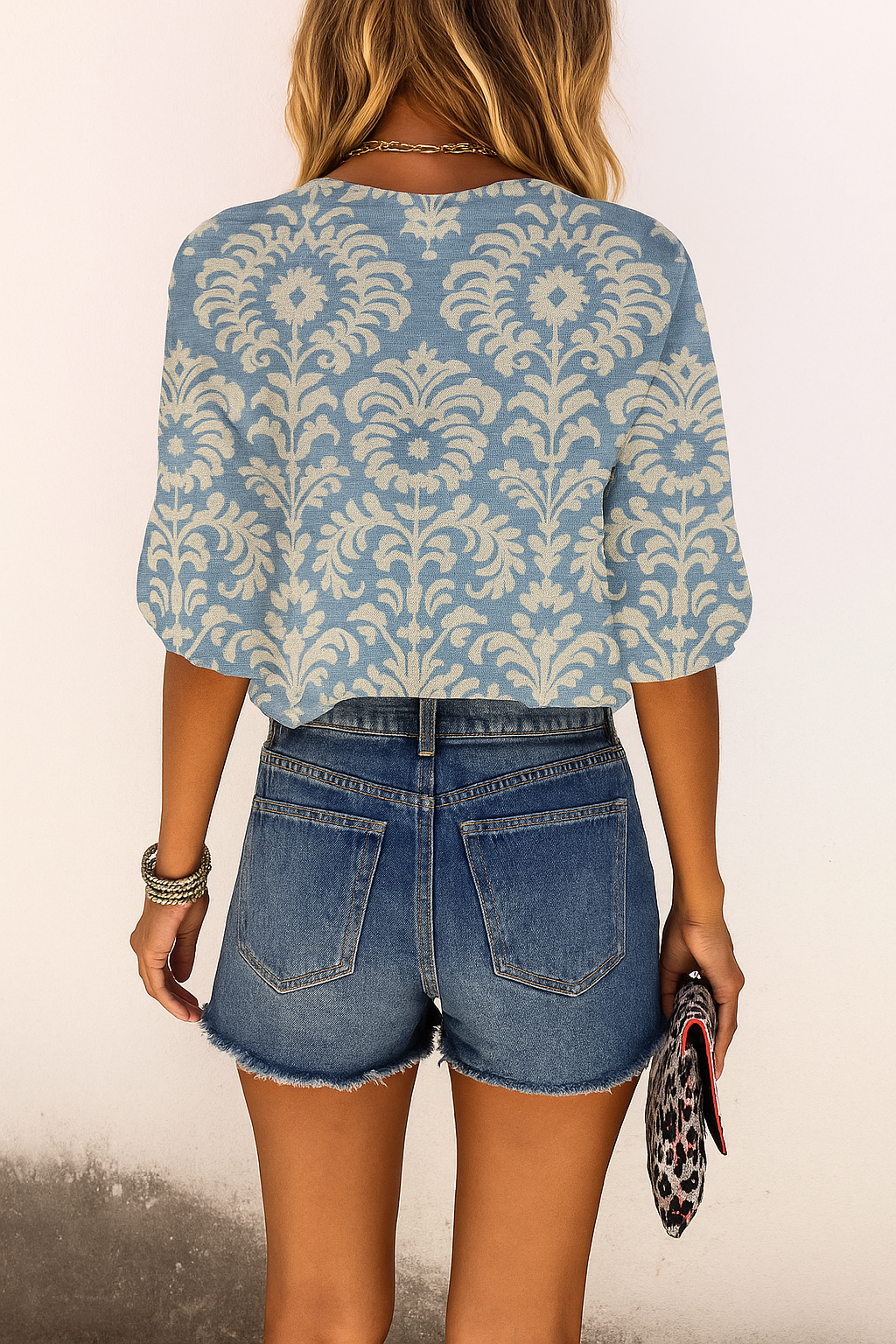 María | Mujer blusa bohemia con estampado floral y manga corta suelta