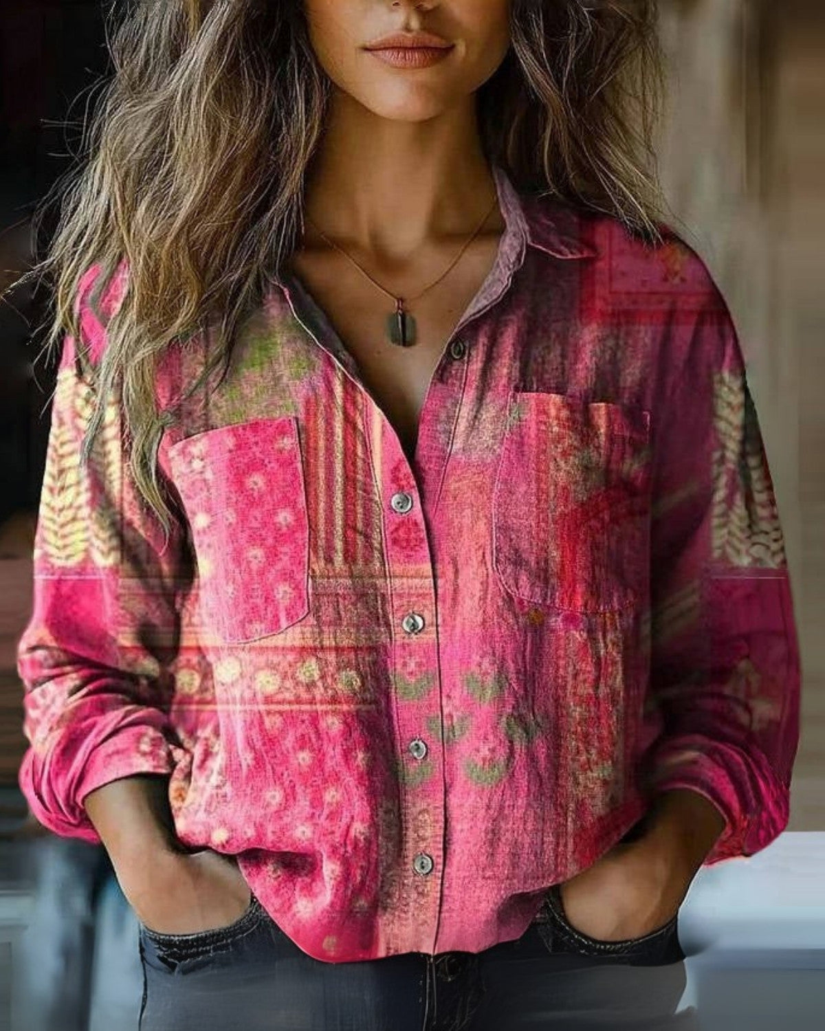 Mónica | Mujer blusa vintage con manga larga y botones diseño estampado