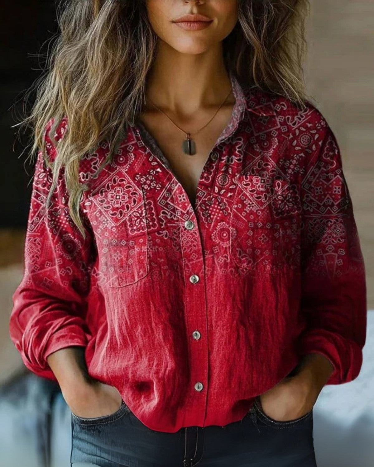 Mónica | Mujer blusa vintage con manga larga y botones diseño estampado