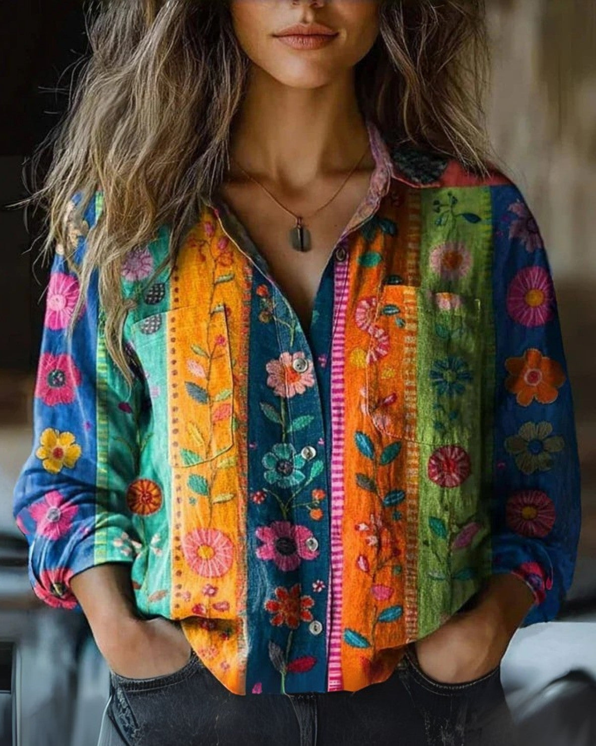 Mónica | Mujer blusa vintage con manga larga y botones diseño estampado