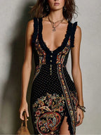 Olivia Vestido Estampado de Estilo Bohemio con Escote en V Profundo y Abertura Lateral