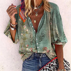 María | Mujer blusa bohemia con estampado floral y manga corta suelta