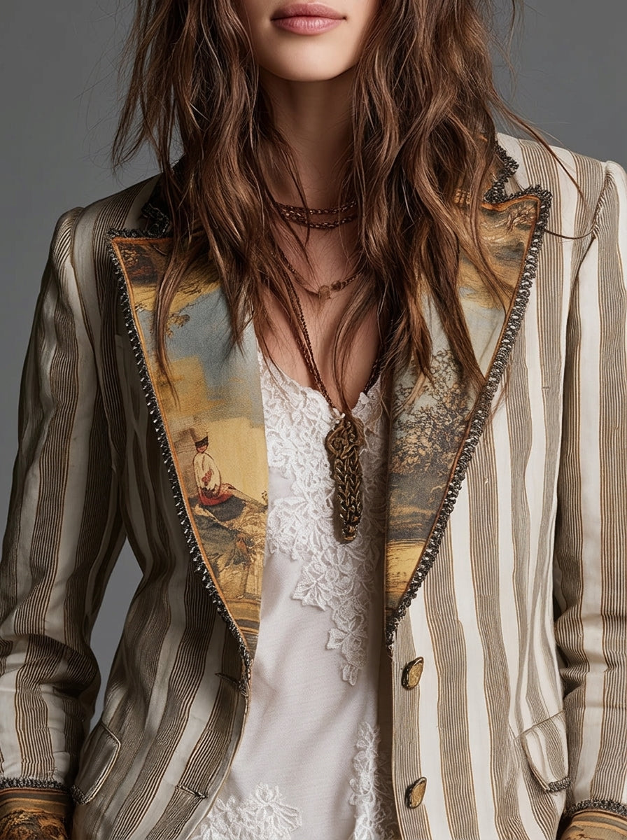 Sara - Boho Striped Blazer with Printed Collar