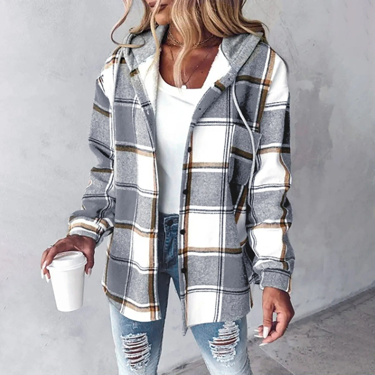 Chaqueta de otoño mujer con capucha y estampado a cuadros – chaqueta casual cálida