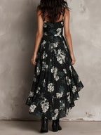 Sandra Vestido Maxi Asimétrico sin Tirantes con Estampado Floral Bohemio Negro