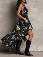 Sandra Vestido Maxi Asimétrico sin Tirantes con Estampado Floral Bohemio Negro