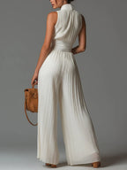 Arcelia Mono Blanco de Chiffon sin Mangas con Cremallera, Pliegues y Pernera Ancha