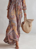 Laura Vestido Maxi de Chiffon con Estampado Paisley y Escote en V