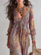 Laura Vestido Maxi de Chiffon con Estampado Paisley y Escote en V
