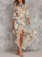 Aitana Vestido Maxi de Gasa con Estampado Floral, Cuello Alto y Bajo Asimétrico Beige