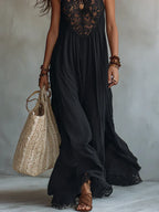 Triana Vestido Maxi Negro Sin Mangas con Detalles de Encaje Bohemio Precio rebajado