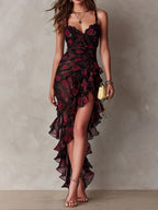 Lucía Vestido Chic Negro y Rojo con Estampado Floral y Volantes en el Bajo