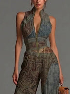 María Mono de Chiffon sin Mangas con Estampado Étnico Bohemio, Cremallera y Pernera Ancha Plisada