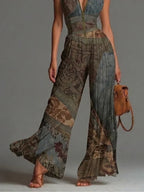 María Mono de Chiffon sin Mangas con Estampado Étnico Bohemio, Cremallera y Pernera Ancha Plisada