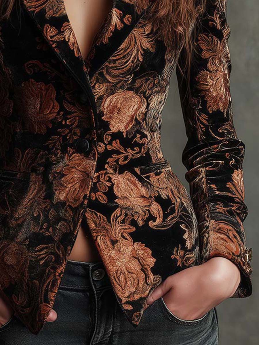 Blazer de Mujer con Estampado Floral Negro y Bronce
